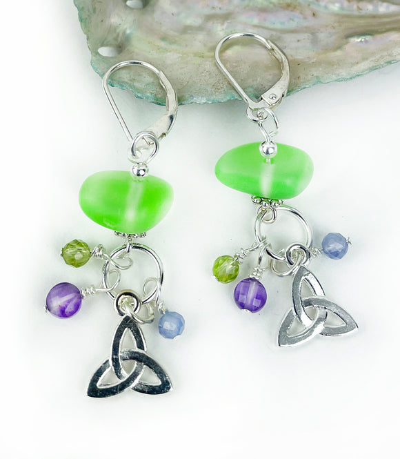Sea Glass Beads with Small Trinity Celtic Knot Earrings