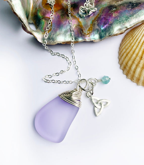 Hand-wrapped Sea Glass with Celtic Trinity Knot and a Real Gemstone Pendant