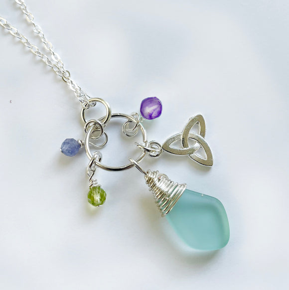 Pebble Sea Glass with Faceted Gemstones Pendant