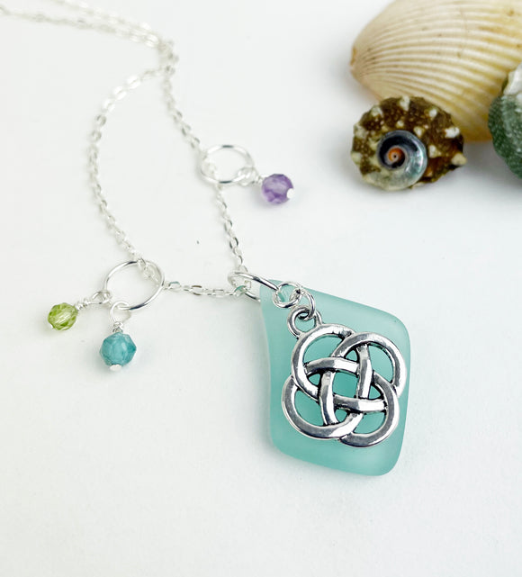 Round Celtic Knot with Sea Glass and Real Faceted Gemstones Pendant