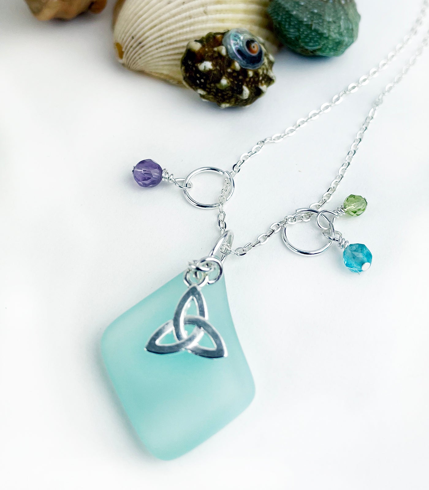 Small Trinity Knot with Sea Glass and Real Faceted Gemstones Pendant